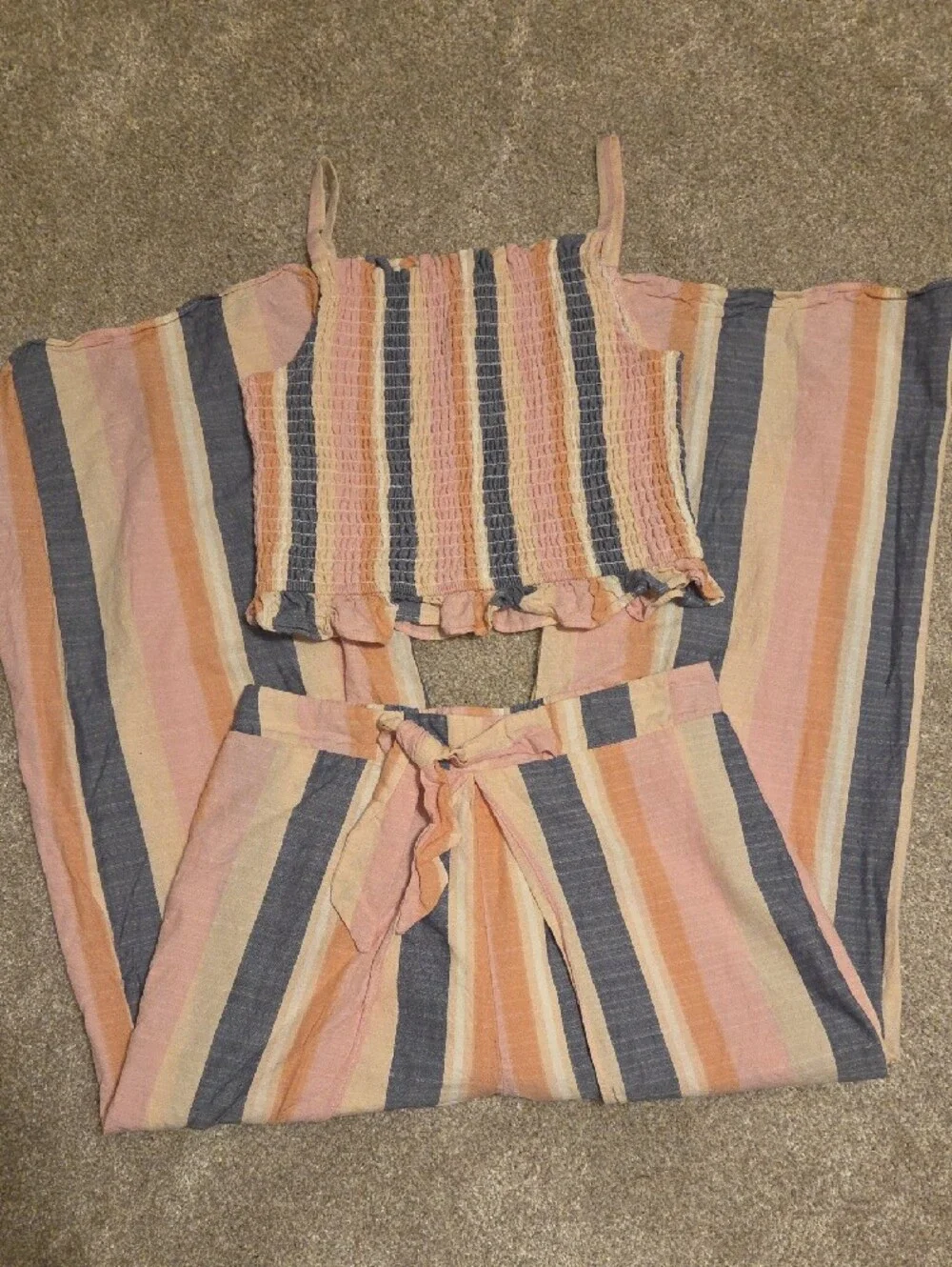 Girls Striped Pink & Blue Wide-Leg Linen Set